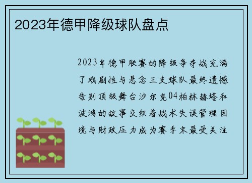 2023年德甲降级球队盘点