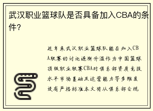 武汉职业篮球队是否具备加入CBA的条件？