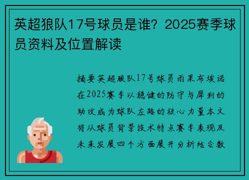 英超狼队17号球员是谁？2025赛季球员资料及位置解读